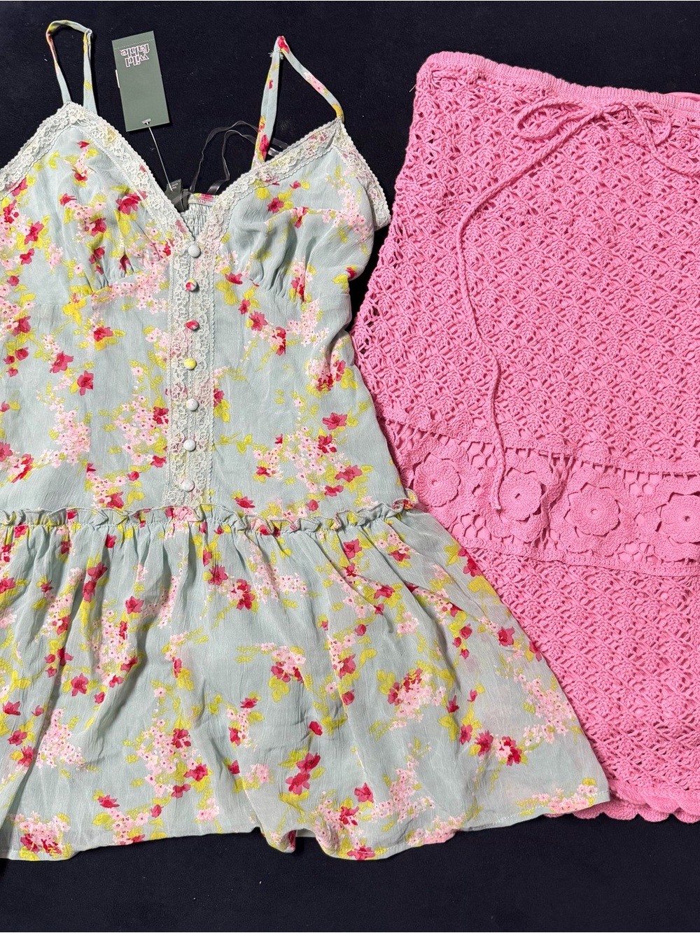 Girls Floral Lace-Trim Sundress and Pink Crochet Strapless dress bundle